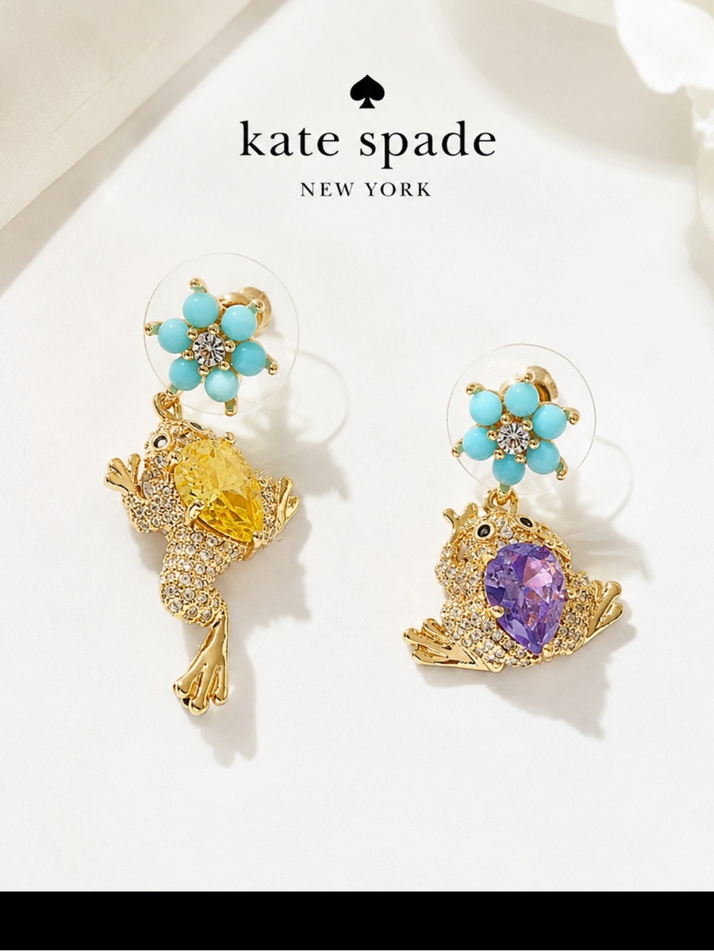 kate spade Gold Frog Earrings with Turquoise, Yellow & Purple Stones